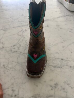 Brown Kids Western Boot with Teal and Pink Heart Accents